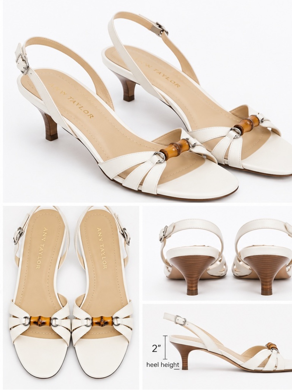 Ann Taylor White Leather Bamboo Slingback Sandals Heels Size 6.5